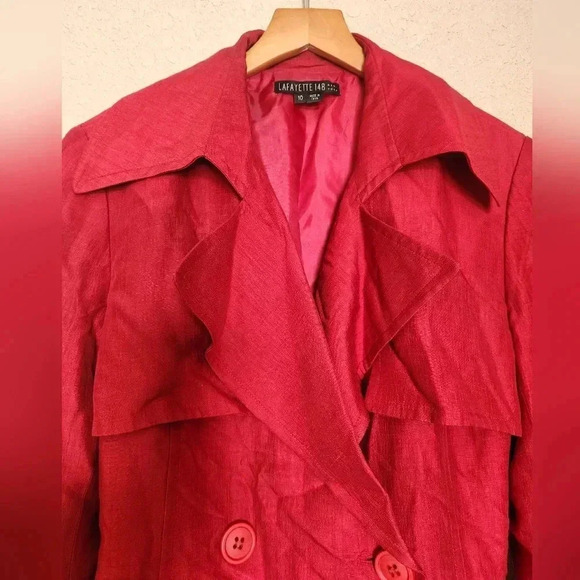 Classic Timeless LAFAYETTE 148 Red Silk Linen Blend Trench Coat/Jacket Size 10 - Picture 5 of 9